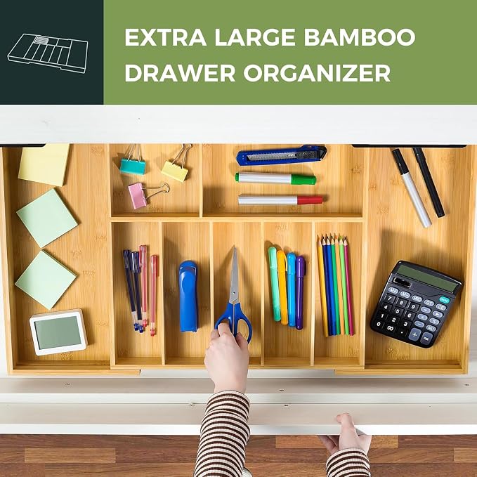 VaeFae Extra Large Kitchen Utensil Holder, Bamboo Silverware Drawer Organizer, Expandable Cutlery Organizer with Knife Block, Multifunctional Drawer Divider - Image 5