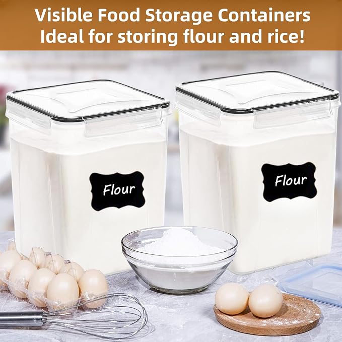 4pc 5.2L Large Airtight Plastic Canisters with Lids, Cups & Labels | 4pk 5.2L airtight containers block moisture. Stackable bins fit rice, flour and all baking pantry supplies - Image 5