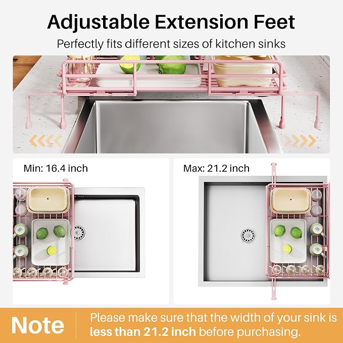SNTD Expandable Dish Drying Rack for Kitchen Counter, Stainless Steel, Pink | Foldable Over Sink, Large Capacity, Adjust to Fit Most Sinks, Angled Drainboard, Removable Utensil Holder, Slip Resistant - Image 7