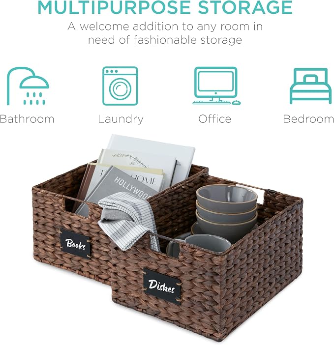 Best Choice Products Pantry Baskets Set of 2 16x12in Water Hyacinth Storage Baskets, Woven Wicker Kitchen Organizers with handles w/Chalkboard Label Chalk Marker - Brown - Image 6