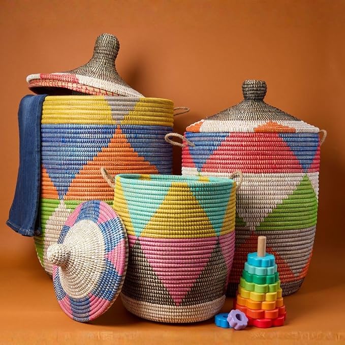 Woven Baskets for Storage, Colorful Triangles, Set of 3, 18" Wide Tall by Senegalo