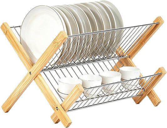 2-Tier Collapsible Dish Drying Rack – Space-Saving Wood & Metal Kitchen Counter Organizer for Dishes, Plates, Cups & Utensils, Compact Folding Design by Unknown