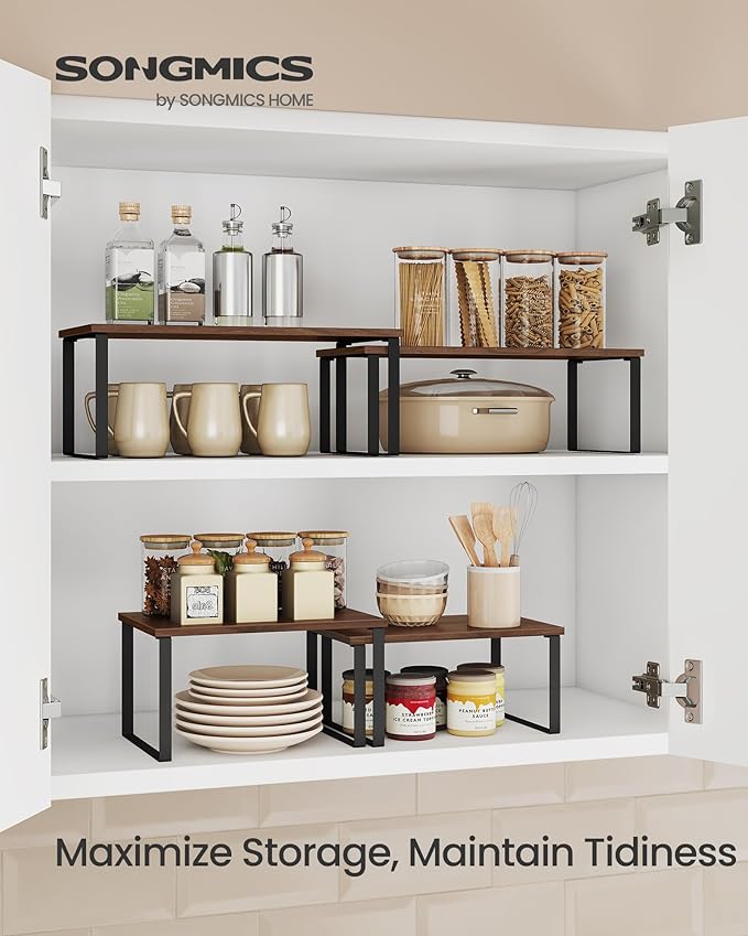 SONGMICS Cabinet Organizer Shelf, Set of 2 Kitchen Counter Shelves, Kitchen Storage, Spice Rack, Stackable, Expandable, Metal and Engineered Wood, 11.7 Inches, Walnut & Matte Black UKCS020K01 - Image 2