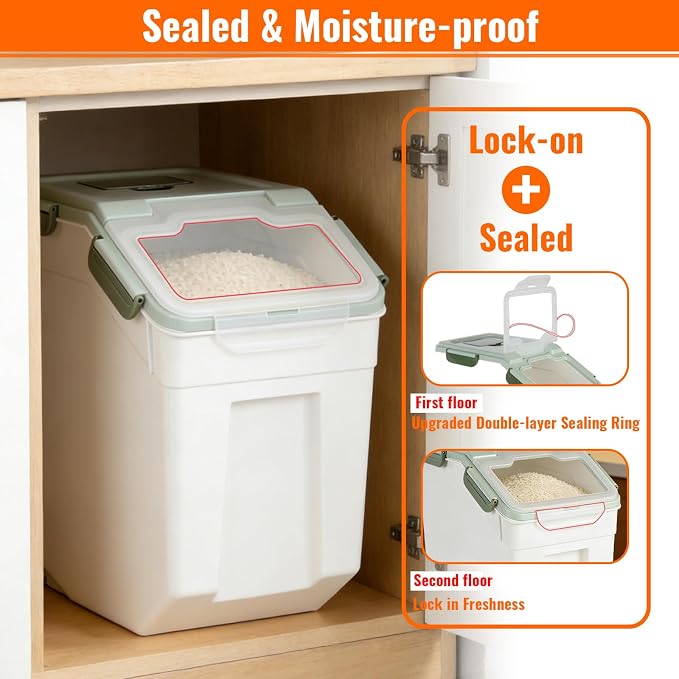 4 Pack Rice Container 25 lbs Large Bulk Flour Sugar Storage Holdhouse Plastic Grain Cereal Dry Goods Bin with Spoon and Measuring Cup for Kitchen Pantry Organization - Green - Image 4