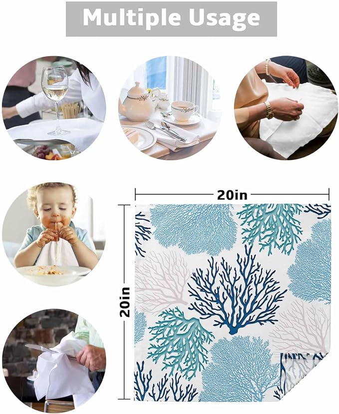 Ocean Blue Coral Dinner Napkins Cloth Set of 8 Polyester Napkins 20 x 20 Inch, Sea Teal Retro Beach Nautical Marine Washable and Reusable Table Napkins for Wedding Cocktail Hotel - Image 5