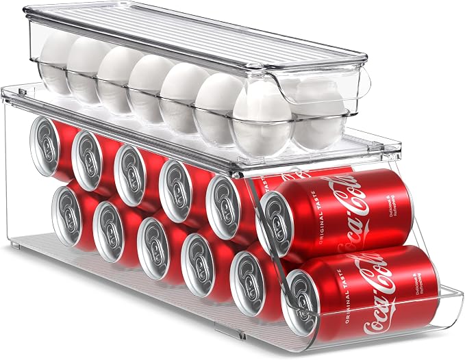 Sorbus Soda Can Organizer for Refrigerator & Egg Holder for Fridge Set, 1 Stackable Can Holder Dispenser Holds 12 Cans Each & 1 Egg Holders with Lid holds 14 eggs for Fridge, Pantry, Freezer, BPA-Free by Sorbus