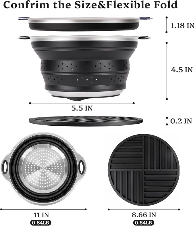 Collapsible Colander Set with Silicone Mat,2-in-1 Stainless Steel Colander for Kitchen, Foldable Metal Colander, Space-Saving for Pasta Veggies Fruit(Black) - Image 2