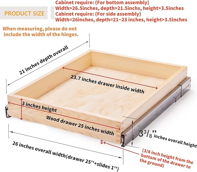 26''W x 21''D x 3''H Pull Out Cabinet Drawer Soft Close Slide Out Wood Organizer for Kitchen, Finished, Bottom and Side Assembly (Wood Drawer Part Width is 25inch) - Image 3