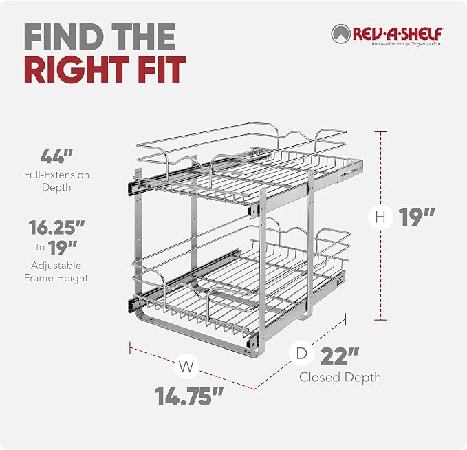 Rev-A-Shelf Pullout Organizer for Cabinets, Min Opening Width of 15" | Two-Tier Steel Shelf for Kitchen or Vanity Cabinet Organization, Heavy Gauge Wire Slide Out Storage Basket, 5WB2-1522CR-1 - Image 10