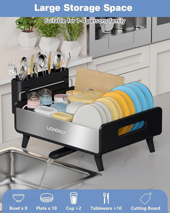 Dish Drying Rack, Thicker Premium Aluminum Frame and 304 Stainless Steel Plate Rack for Kitchen Counter, Automatic Drainage Spout, Dish Drainer & Drainboard Set with Utensil Holder, Black - Image 6