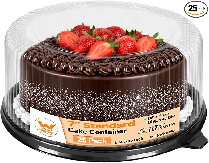WOW 7in Standard PET Round Cake Carrier, 25-Pack | Fits 7in Cakes, Clear Dome Lid, Stackable, Lightweight, Desserts, Pies, Pastries, 9.5in Diameter by WowPlasticsInc