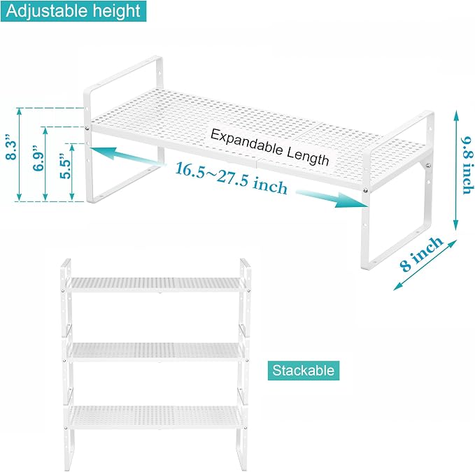 Expandable Cabinet Storage Shelf Organizer Rack, Heavy Duty Stackable Steel Metal Spice Rack Adjustable Height Pantry Garage Shelf for Counter Kitchen Organization, White - 1 Pack - Image 3