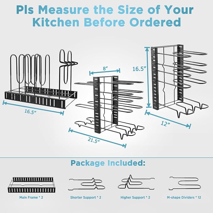 Pots and Pans Organizer Under Cabinet 16.6" 8-Tier Adjustable 2-Pack | 3 DIY Modes, Tool-Free Assembly, Non-Slip, Fits Lightweight Pots Up to 11", For Kitchen Cabinets, Shelves & Countertops - Image 2