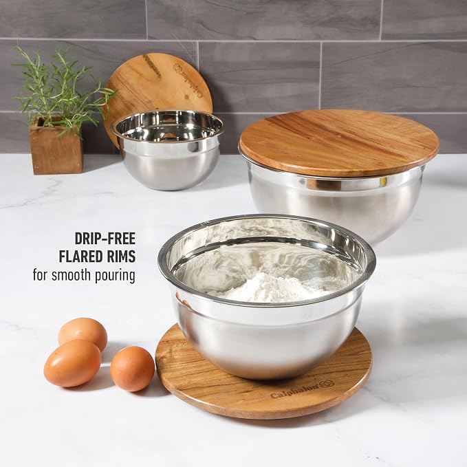Calphalon Orbit Mixing Bowl Set, 3-Piece Stainless Steel Mixing Bowls(1.5 Qt, 3 Qt, 5 Qt) with Acacia Wood Lids & Non-Slip Base, Kitchen Prep Bowls for Mixing, Serving & Food Storage - Image 6