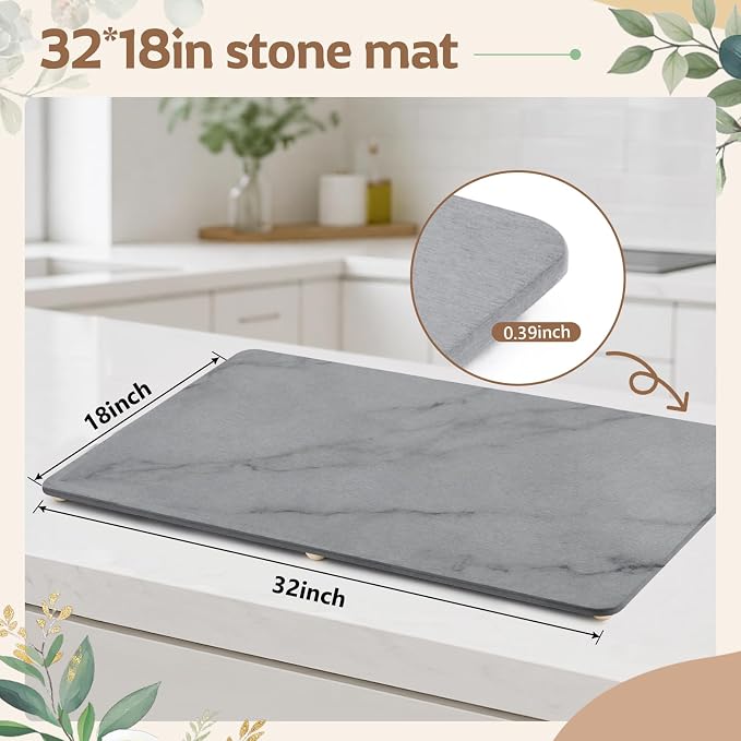 1 Pcs 32" x 18" Extra Large Stone Dish Drying Mat for Kitchen Counter Marble Diatomaceous Earth Mat with Wooden Feet Absorbent Quick Dry for Pot Dishes Bottles Cups Bottles Tableware - Image 2