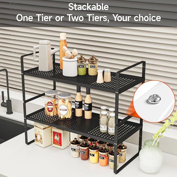 2Pack 16.5-27''L Expandable Cabinet Countertop Shelf Organizer, Black | 8"W x 9.6"H, Stackable Metal Shelves, Storage Spice Rack, For Pantry and Cupboard, Kitchen Organizers and Storage - Image 5