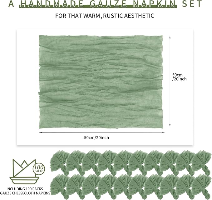 Teruntrue 100 Pack Sage Green Cheese Cloth Napkins Gauze Napkin Cloth Bulk Set of 100 Washable Boho Dinner Table Napkins for Wedding Party Baby Shower Birthday Party Decorations，20 x 20 Inch - Image 2