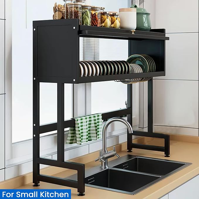 ASIEIT Dish Drying Rack, 3-Tier Over The Sink Dish Drying Rack, 33.5" Over Sink Dish Rack for Small Kitchen, Space-Saving Dish Rack with Cover, Baskets, Utensil, Large Sink Storage Organizer Black - Image 6