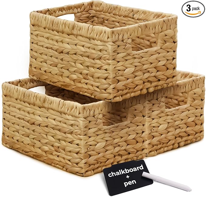 KOKODO Pack 3 Medium Wicker Storage Baskets with Handles, Stylish and Durable Water Hyacinth Rectangle Handwoven Basket Bin with Metal Frame & Handle for Room Organizing by KOKODOHOMEPROJECT