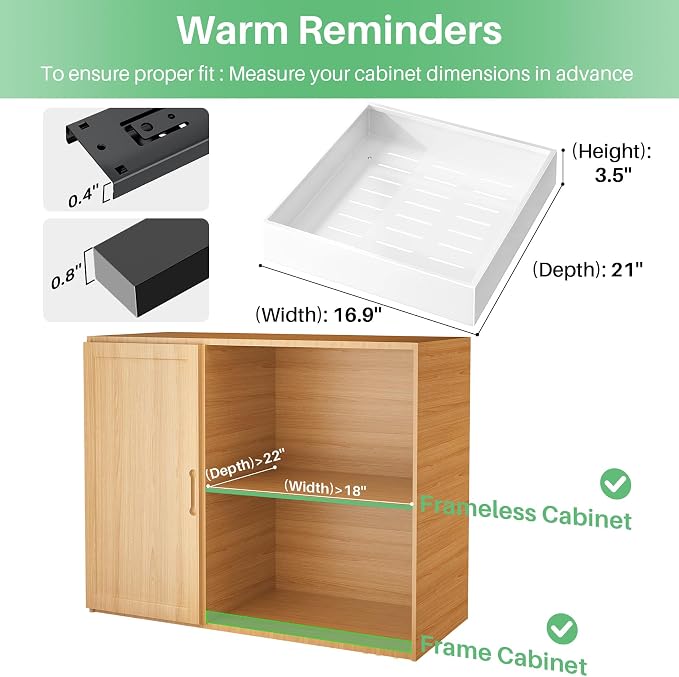 2Pack Pull out Cabinet Organizer, 21"Deep, Heavy Duty Full-extension Slide out Drawers for Kitchen Cabinet, Roll out Shelf Storage with Nano Adhesive for Pots,17"W x 21"D x 3.1"H, White - Image 2