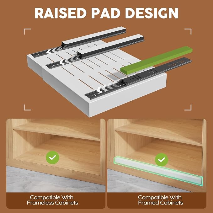 Seinloes 4 Pack Expandable Width (15.15"-26.3") Pull Out Cabinet Organizer 21" Deep with Raising Pad for Framed Cabinets, Upgrade 3 Slide Rails Slide Out Drawers, Roll Out Shelves Adhesive, White - Image 2