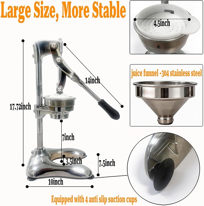2IN1 Cast Aluminum Manual Citrus Juicer Hand Press,Upgraded of Iron,Funnel Cone in 304 Stainless Steel,H 17.72inch,Orange Lemon Pomegranate Squeezer Machine Heavy Duty,Electroplate Surface(Silver) - Image 7