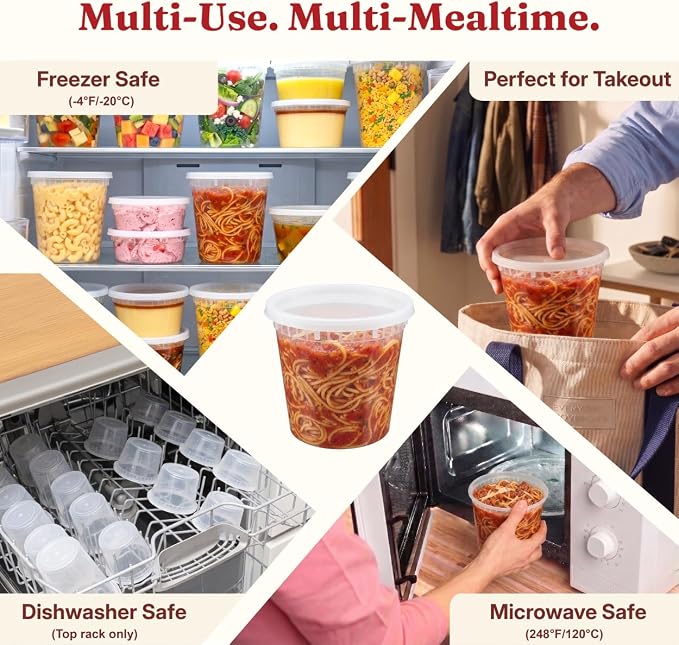 24oz Deli Containers with Lids (48 Set/96 Pcs) Food Storage Containers, Freezer Microwave Safe, BPA-Free Plastic, Stackable Snack Airtight Soup Leakproof Leftover Organizers & To-Go - Image 5