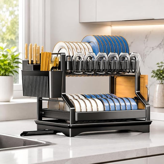 Fandian Black Dish Drying Rack 2 Tier Dish Racks for Kitchen Counter and Sink, Large Dish Drying Rack with Drainboard & Utensil Holders Stainless Steel Dish Drainers Kitchen Organization and Storage by Fandian