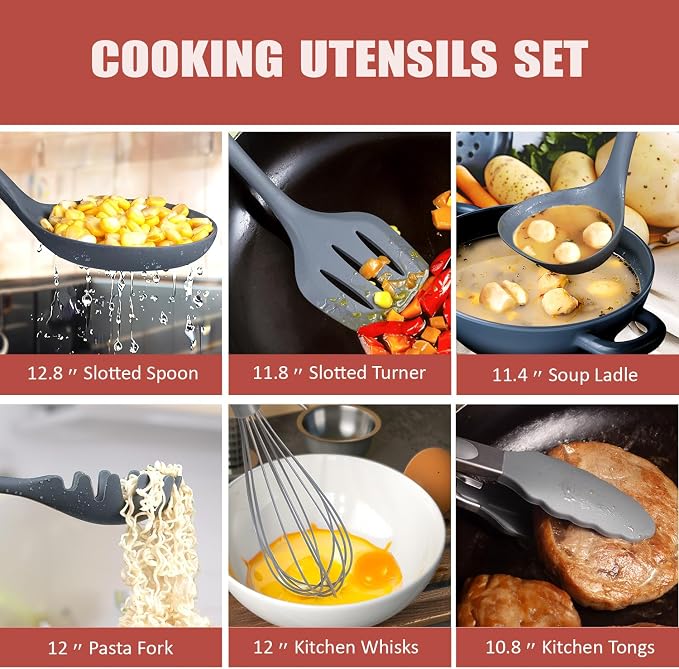 Kitchen Set,18-Piece Cooking Utensils and Kitchen Knife Set,Gray | 7-Piece Kitchen Utensils Heat-resistant to 410°F,5-Piece Sharp Knife,5-Piece Cooking Tools and Cutting Board In One - Image 5