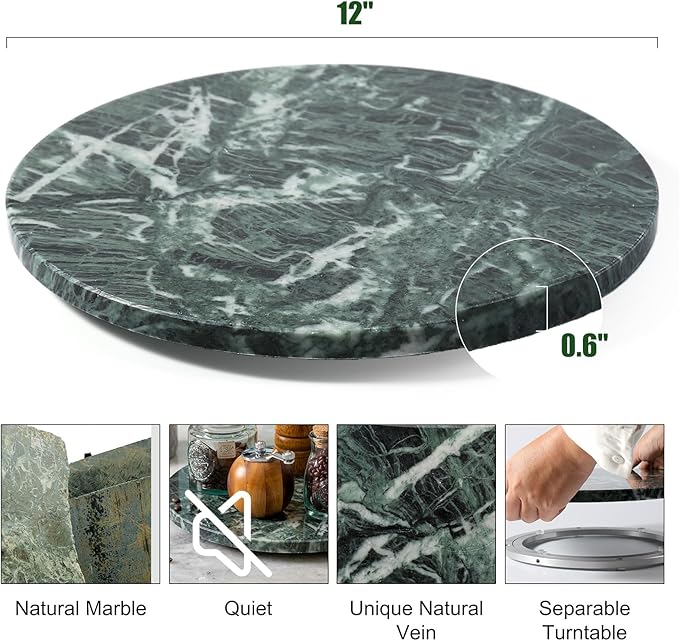12" Marble Lazy Susan Turntable - 100% Natural Stone Round Serving Tray with Silent Spinning, Revolving Cake Stand & Cheese Board for Kitchen Countertop, Cupcake Table Display, Food, Seasoning (Green) - Image 3