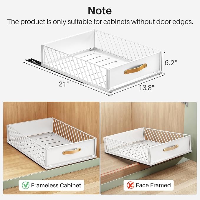 Pull out Cabinet Organizer,Heavy Duty Slide out Pantry Shelves Drawer Storage with Adhesive Nano Film,Sliding Mesh Cabinet Basket with Handle for Kitchen, Bathroom, Home, 13.8"W X 21"D X 6.2"H,White - Image 3