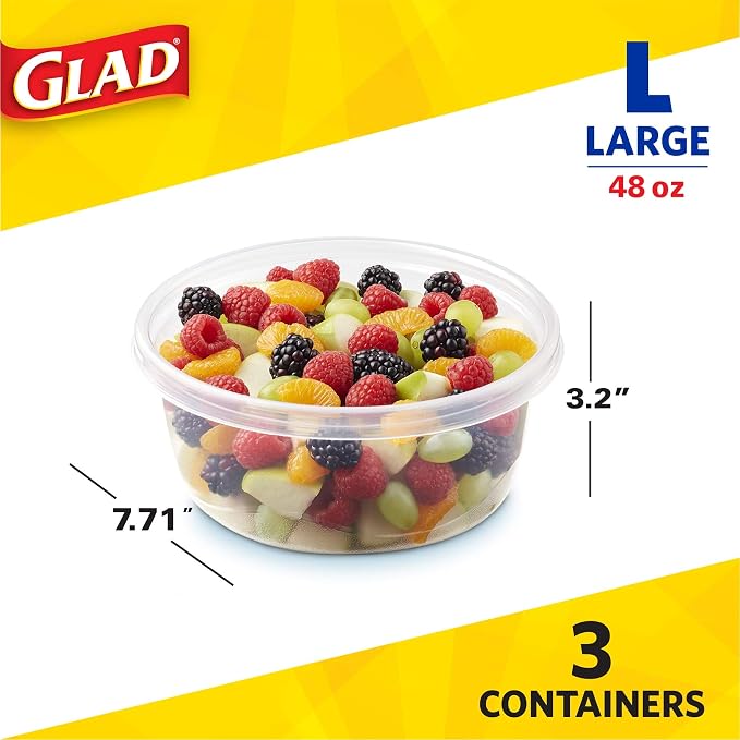 Glad GladWare Big Bowl Food Storage Containers with Lids, Large Round No BPA Plastic Containers for Soups, Salads, and Meal Prep, Lock Tight Seal, Microwave Dishwasher Safe, 48 Oz, 3 Count - 6 Pack | Lock-tight seal for soups, salads, and meal prep in ... - Image 6