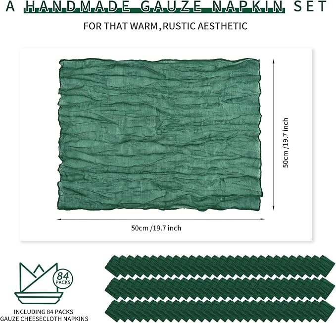 84 Packs Gauze Cheesecloth Napkins 20 x 20 Inch Emerald Green Wrinkled Dinner Napkins, Dark Green Rustic Boho Soft Cloth Napkin for Wedding Party Event Dinner Table Decoration - Image 2