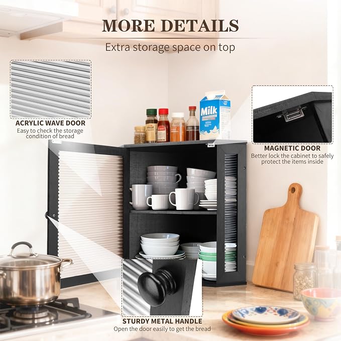 Extra Large Corner Bread Box - Bamboo Bread Box for Kitchen Countertops, Large Capacity Kitchen Bread Storage and Organizer with Corrugated Acrylic Wavy Window (Black) - Image 4