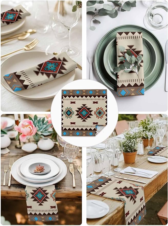 Multicolor Boho Cloth Napkins Set of 4 - Washable Dinner Napkins Reusable Table Napkins for Home Party Weeding Dining Table Setting Decoration,Western Southwest Native American Indian Oversized - Image 6