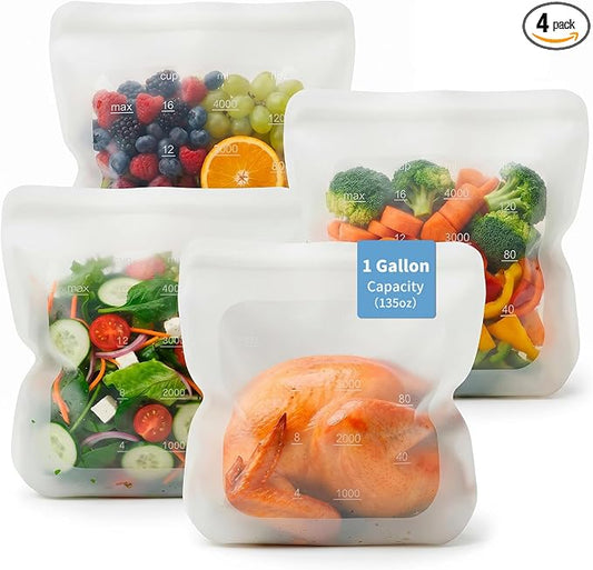Reusable Premium Silicone Food Storage Gallon Bag 135oz,XXL - 4 PCS Food Storage Bag,Freezer Container,Sous Vide,Kitchen Organization,And Meal Prep Bags Microwave,Dishwasher,Oven Safe, BPA Free by SiliseaDirect
