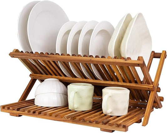 Utoplike Large Teak Dish Drying Rack, Wood Collapsible Organizer for Plates | 3 Tier Kitchen Dish Draine for Countertop, for Pasta Plates, Cups, Pots by Utoplike