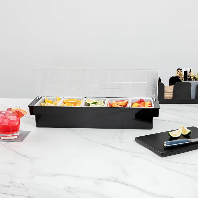 Restaurantware Bar Lux 19.6 x 6.3 x 3.7 Inch Condiment Caddy 1 Durable Bar Caddy - 5 Removable Compartments Built-In Lid Black Plastic Condiment Holder For Restaurant Store Cocktail Garnish - Image 9