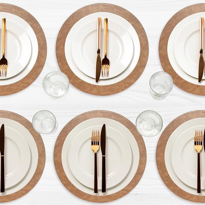 Placemats Set of 6 – Round 15” Faux Leather Table Mats for Dining, Heat Resistant & Non-Slip Washable Table Decor, Indoor, Outdoor, Dining Table Set for 6, Modern Kitchen & Holiday Use, Camel by Homewear