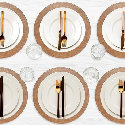 Placemats Set of 6 – Round 15” Faux Leather Table Mats for Dining, Heat Resistant & Non-Slip Washable Table Decor, Indoor, Outdoor, Dining Table Set for 6, Modern Kitchen & Holiday Use, Camel by Homewear