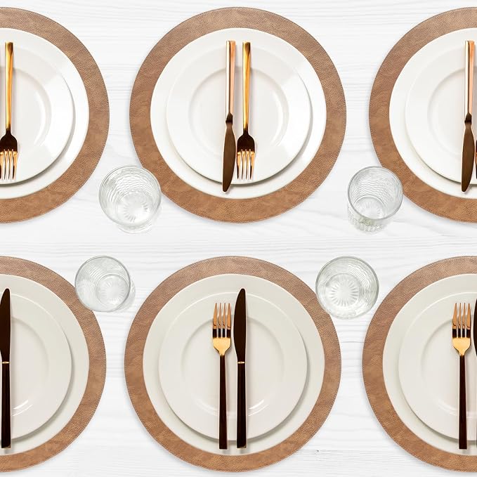 Morgan Faux Leather Round Set of 12 Placemats, 15", Camel, Heat Resistant, Stain Resistant, Non-Slip, Reversible, Durable Table Mats for Kitchen, Dining Table, Indoor Washable Use - Image 7