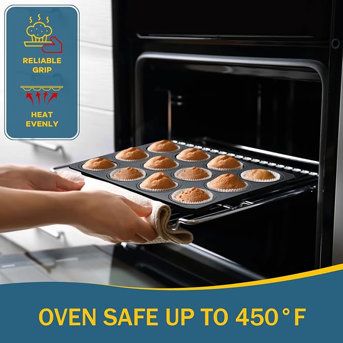 E-far Nonstick Muffin Pan 12 Cups Set of 2, Stainless Steel Muffin Tin Cupcake Pan Tray for Baking, Stainless Steel Core & Non Toxic, Easy Release & Easy Clean, Black - Image 4