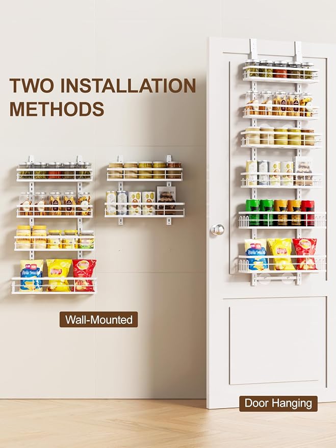 Delamu Over the Door Pantry Organizer, 6 Tier Pantry Door Organizer with Adjustable Basket, Door Spice Rack Seasoning Organizer, Metal Hanging Pantry Organizers and Storage for Kitchen,15.3" White - Image 4