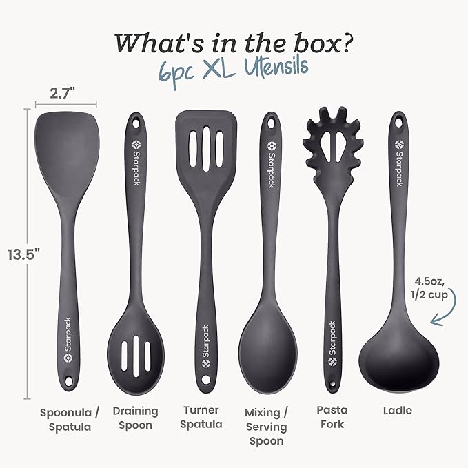 Starpack Like a Boss XL Silicone Cooking Utensils Set (6-Piece, 13.5") - LFGB Certified, 600°F Heat Resistant, BPA-Free - Heavy-Duty Steel Core, Dishwasher Safe - for Nonstick Cookware, Gray Black - Image 3