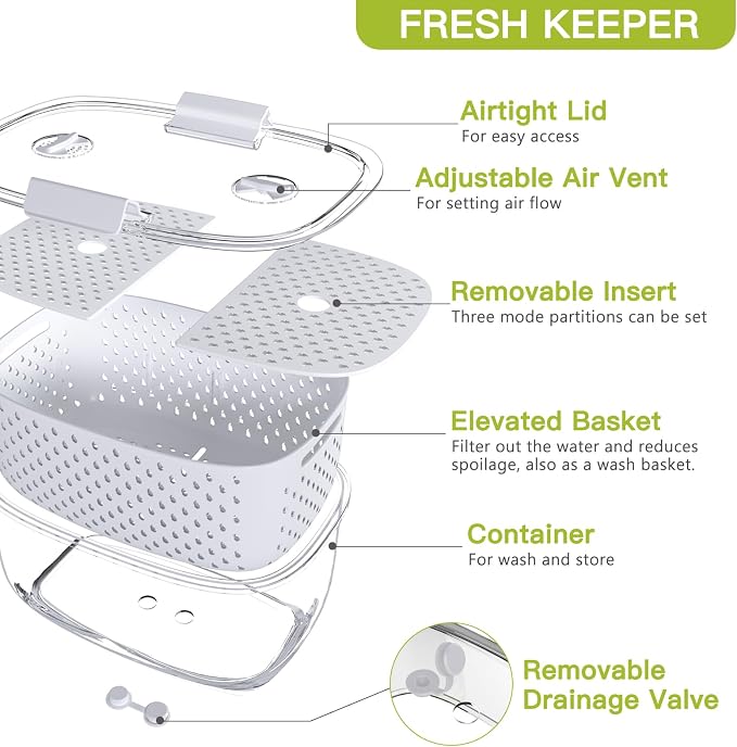 LUXEAR Fresh Produce Vegetable Fruit Storage Containers 3Piece Set, BPA-free, Partitioned Salad Container, Fridge Organizers, Used in Storing Fruits Vegetables, White - Image 6