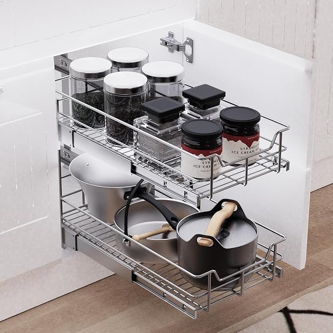 2 Tier Pull Out Cabinet Organizer 11" W X 17" D, Chromed, Full Slide Out | For Kitchen Organizers and Storage, Pull Out Drawers For Cabinets Capacity Heavy Duty Caddy, Cabinet Shelves, Bathroom Pantry - Image 6