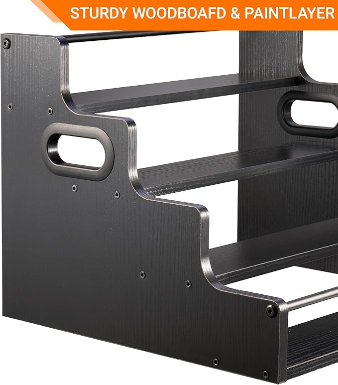YQBRAO 2-Pack 4-Tier Liquor Bottle Display Shelf, 16-Inch, Black | Two racks hold up to 32 bottles total, with raised rows and side handles for large collections and entertaining spaces. - Image 5