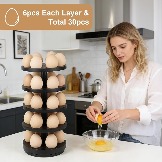Wooden Fresh Egg Holder Countertop, Countertop Egg Holder | 5 layer, rotating countertop egg holder for fresh eggs, stackable with 30 eggs for countertop kitchen-black - Image 2