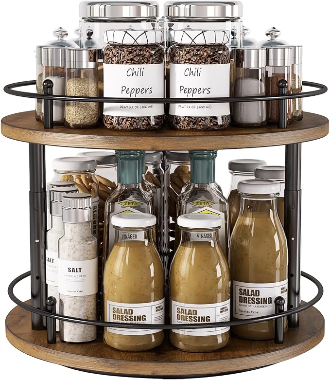 2 Tier Lazy Susan Organizer,2-Tier Spinning Spice Rack with Stable Carousel Base & 4 Height Settings for Cupboard Kitchen Countertop Dining Table Cupboard (Two-Ply(Round)) by LIAISIMI