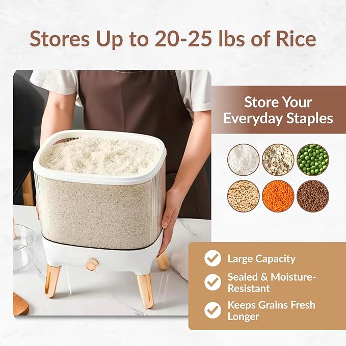 FromUS2U Rice Container, 25 Lbs Airtight Grain Dispenser, Large Cereal Dispenser Countertop for Kitchen Space-Saving Food Bin with Easy Pour Design for Pantry Organization - Image 3